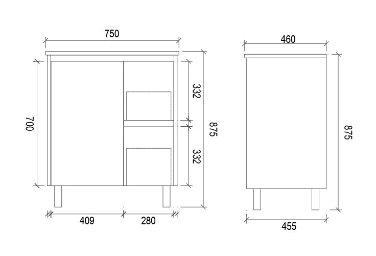 750mm PVC VANITY - RHS DRAWER