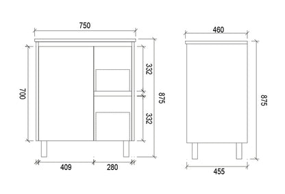 750mm PVC VANITY - RHS DRAWER