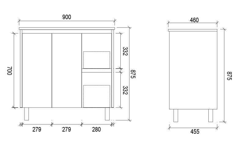 900mm PVC VANITY - RHS DRAWER