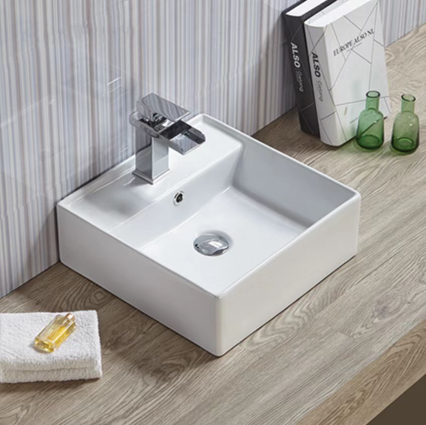 Ultra Slim Gloss White Fine Ceramic Wall hung / Above Counter Basin(Square: 420*420*155mm)