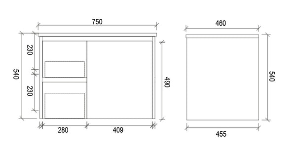 750mm WALL HUNG PVC VANITY - LHS DRAWER