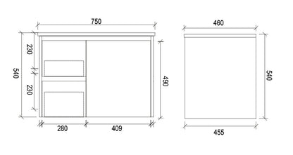 750mm WALL HUNG PVC VANITY - LHS DRAWER