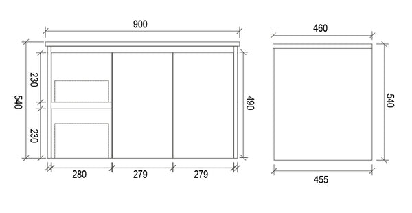 900mm WALL HUNG PVC VANITY - LHS DRAWER