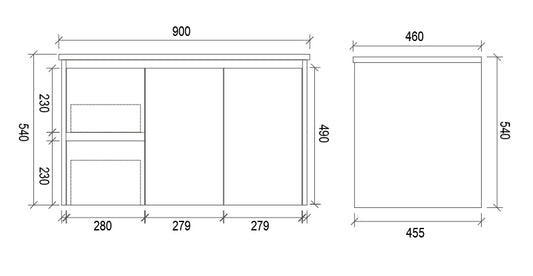 900mm WALL HUNG PVC VANITY - LHS DRAWER