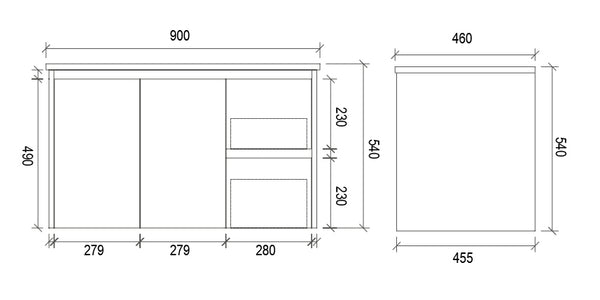 900mm WALL HUNG PVC VANITY - RHS DRAWER