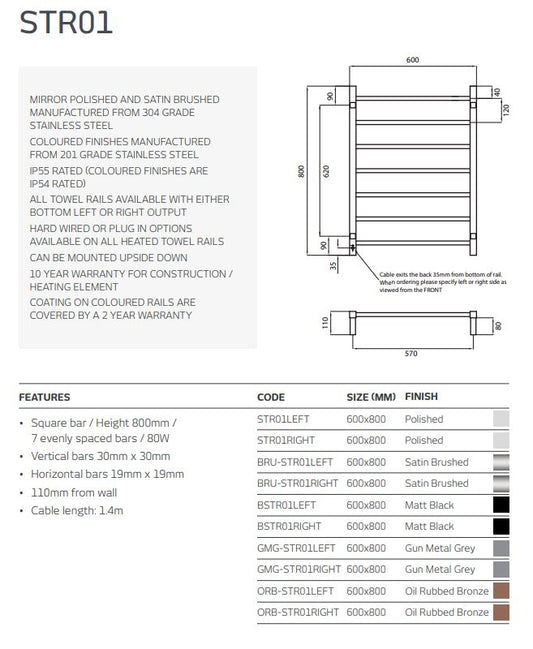 Brushed Satin 600 x 800mm Squ Heated Towel Rail LEFT