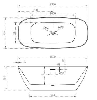 Rec slimline bath 1500mm (matte white)