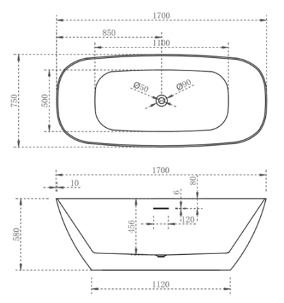 Rec slimline bath 1700mm (matte white)