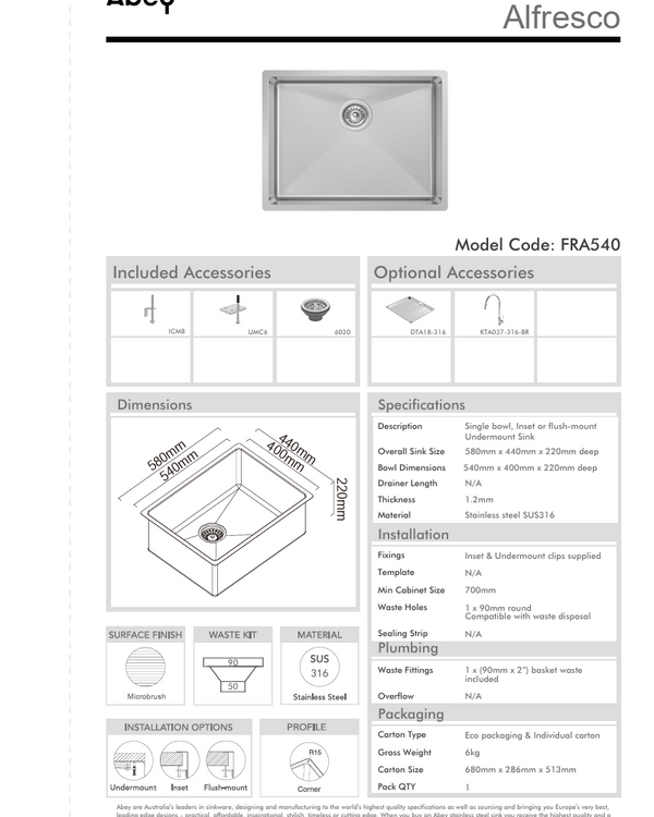 ALFRESCO SGL BOWL 540X400X220 SUS316