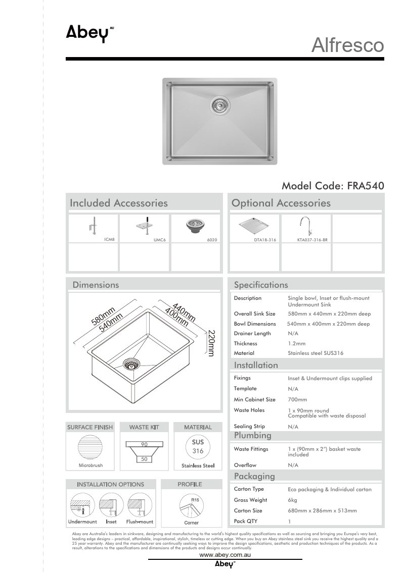 ALFRESCO SGL BOWL 540X400X220 SUS316