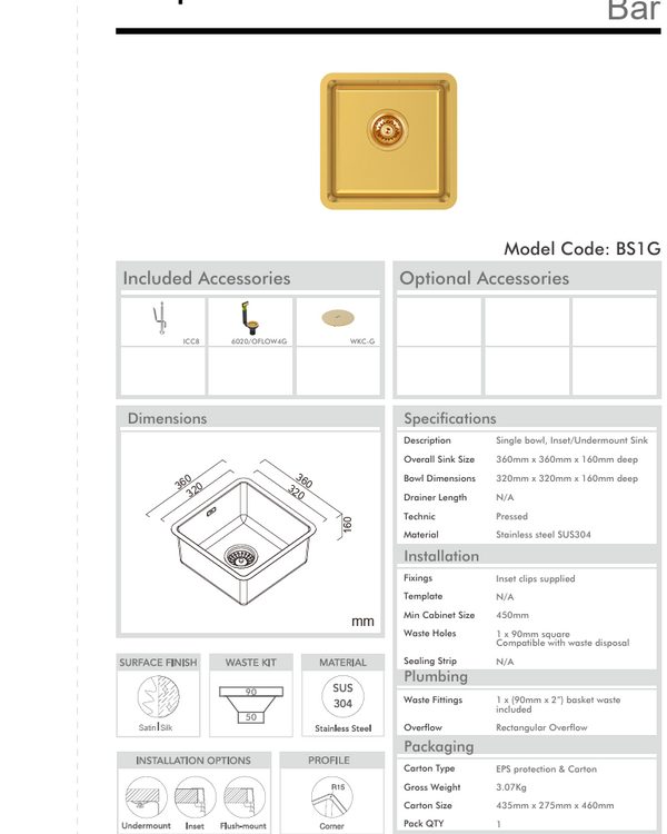 BAR SINK - BOWL 320 X 320 - EUREKA GOLD