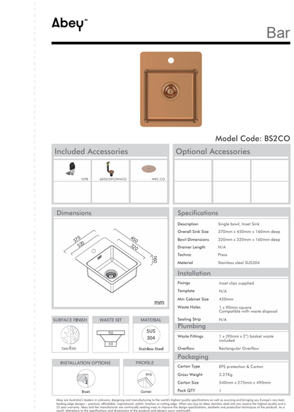 BAR SINK WITH TAP LEDGE - ARTISAN COPPER