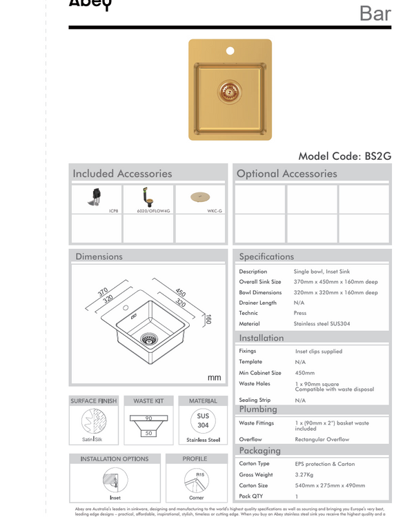 BAR SINK WITH TAP LEDGE - EUREKA GOLD