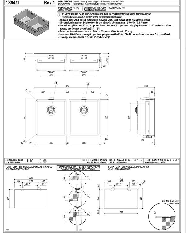 BARAZZA DOUBLE BOWL 2- 400 X 340 15MM RADIUS