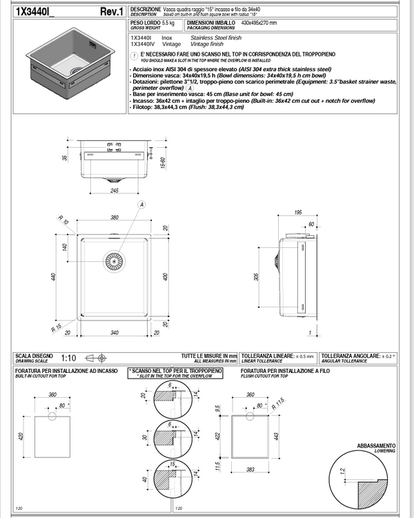 BARAZZA SINGLE BOWL 400 X 340 15MM RADIUS