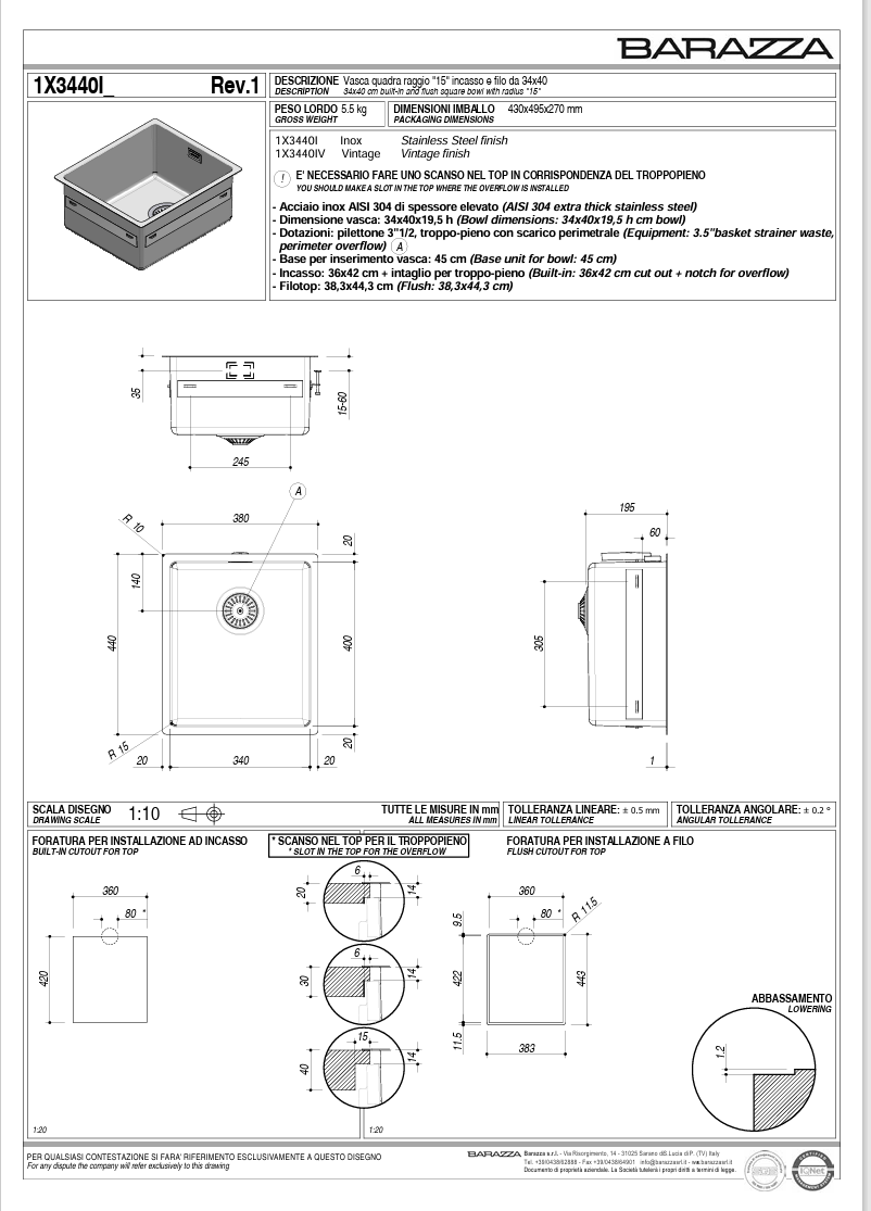 BARAZZA SINGLE BOWL 400 X 340 15MM RADIUS