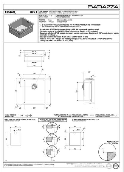 BARAZZA SINGLE BOWL 400 X 340 15MM RADIUS