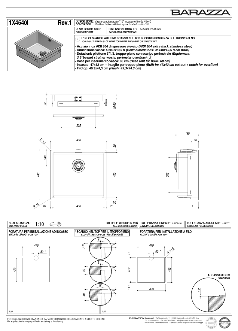 BARAZZA SINGLE BOWL 400 X 450 15MM RADIUS