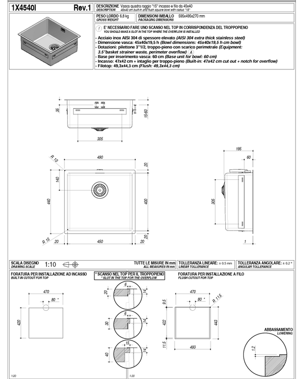 BARAZZA SINGLE BOWL 400 X 450 15MM RADIUS