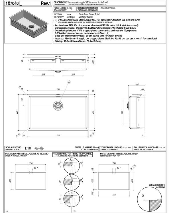 BARAZZA SINGLE BOWL 400 X 710 15MM RADIUS