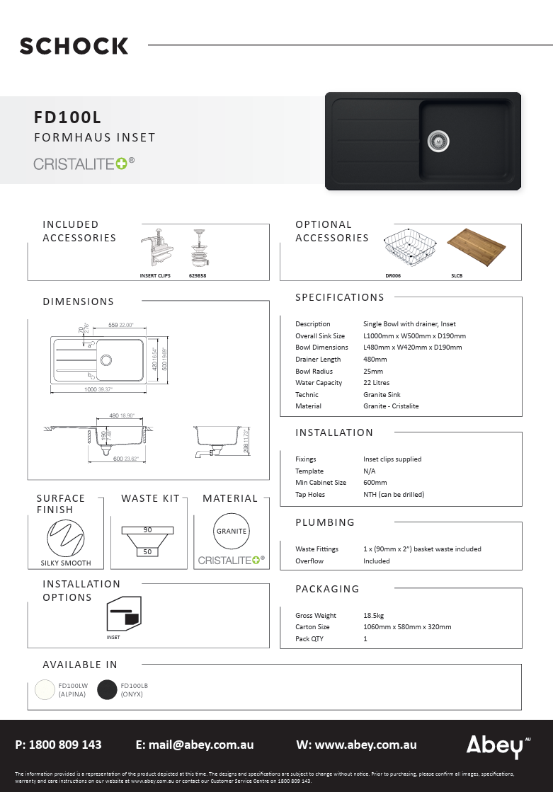 FORMHAUS 1000X500 SINGLEBOWL&DRAINER - ONYX
