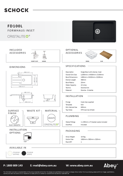 FORMHAUS 1000X500 SINGLEBOWL&DRAINER - ONYX