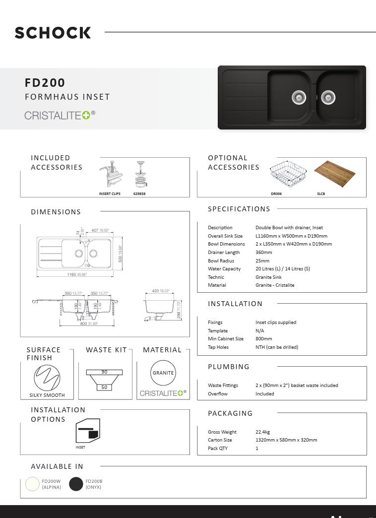 FORMHAUS 1160X500 DOUBLEBOWL&DRAINER - ONYX