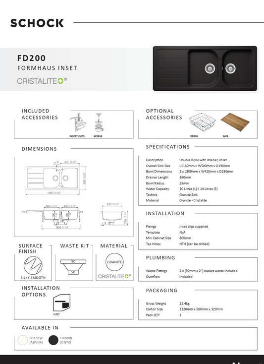 FORMHAUS 1160X500 DOUBLEBOWL&DRAINER - ONYX