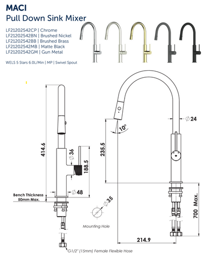 Maci Pull Down Sink Mixer - PVD Brushed Brass