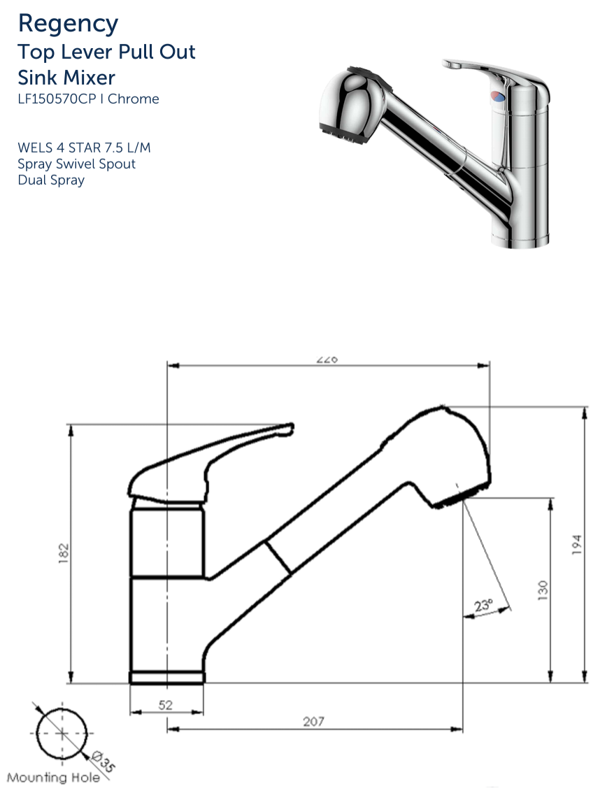 Regency Top Lever Pull Out Mixer - Chrome