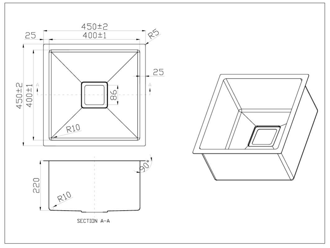 NANO GLAZE SCRATCH RESISTANT 450x450x220mm