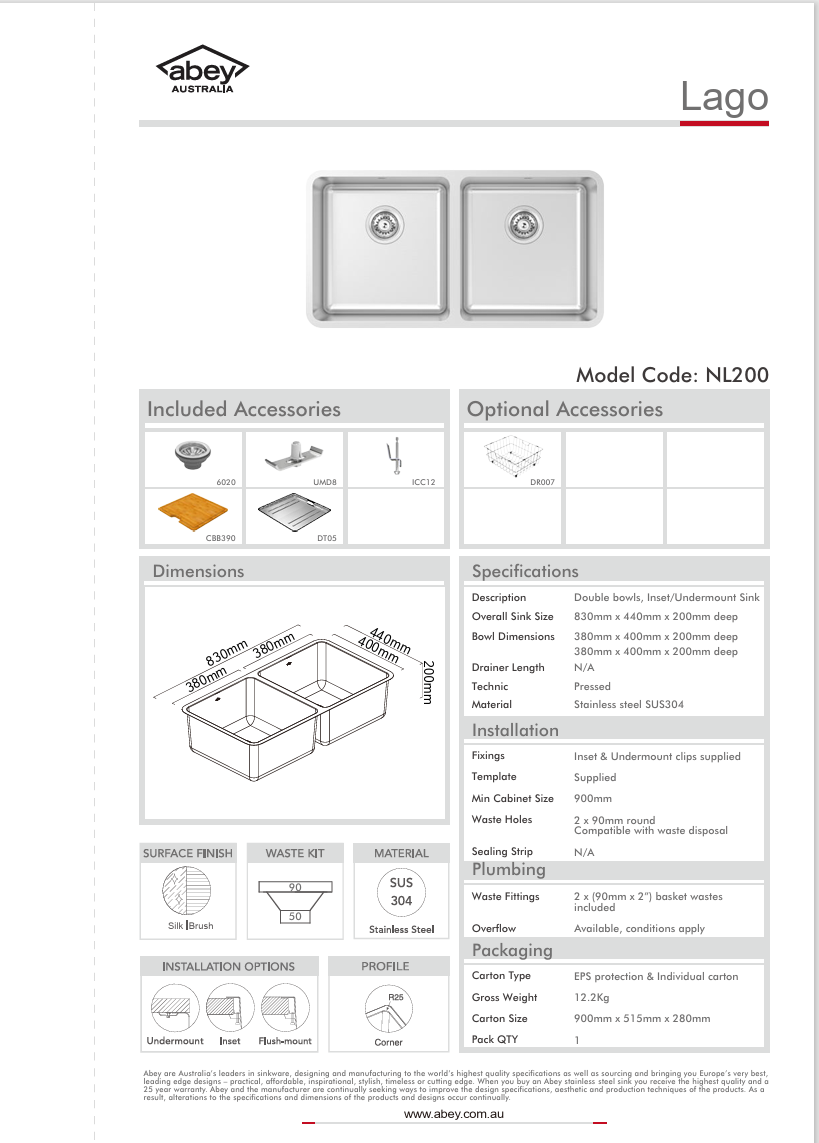 LAGO DBL BOWL & D/TRAY & CUT BRD