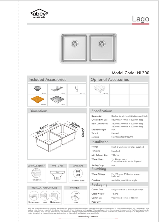 LAGO DBL BOWL & D/TRAY & CUT BRD
