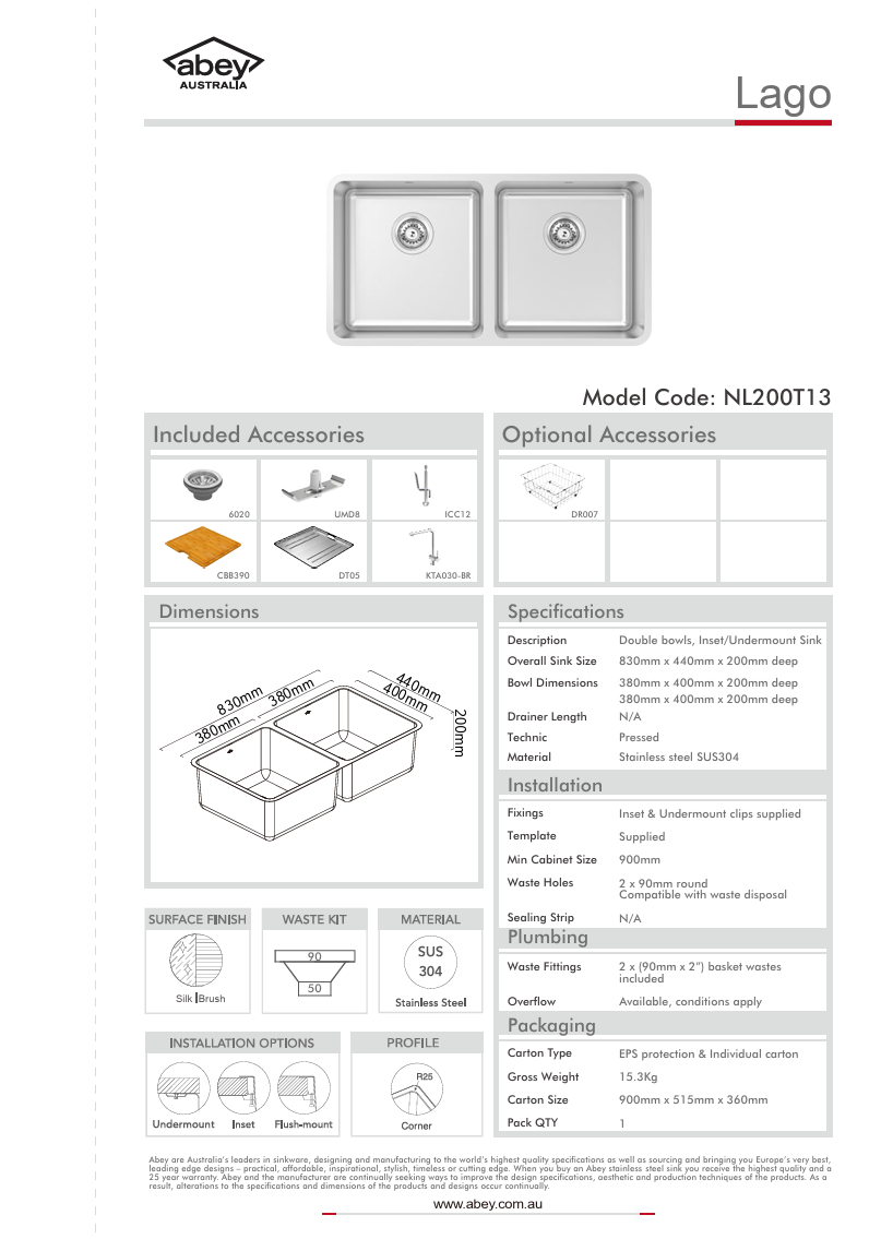 LAGO DBL BOWL + ACC + KTA030-BR