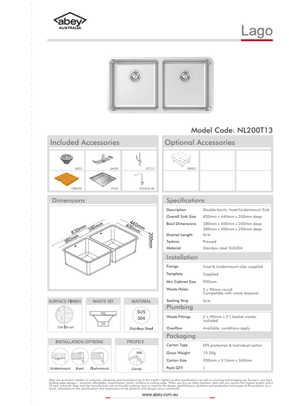 LAGO DBL BOWL + ACC + KTA030-BR