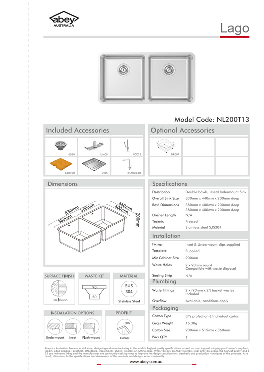 LAGO DBL BOWL + ACC + KTA030-BR