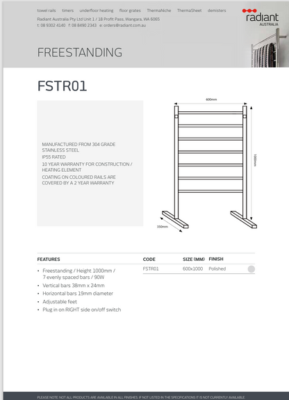 Polished 600 x 1000mm Free Standing Heated Towel Rail
