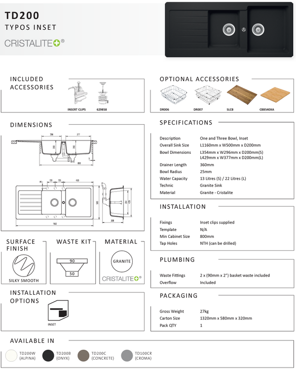 TYPOS D200 CROMA 1 & 3/4 BOWL SINK