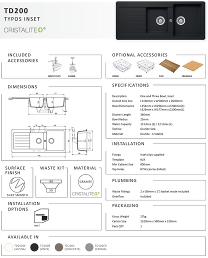 TYPOS D200 CROMA 1 & 3/4 BOWL SINK