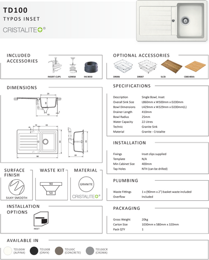 TYPOS D100 ALPINA SINGLE BOWL SINK