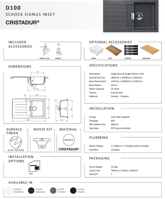 SIGNUS D100 POLARIS SINGLE BOWL SINK