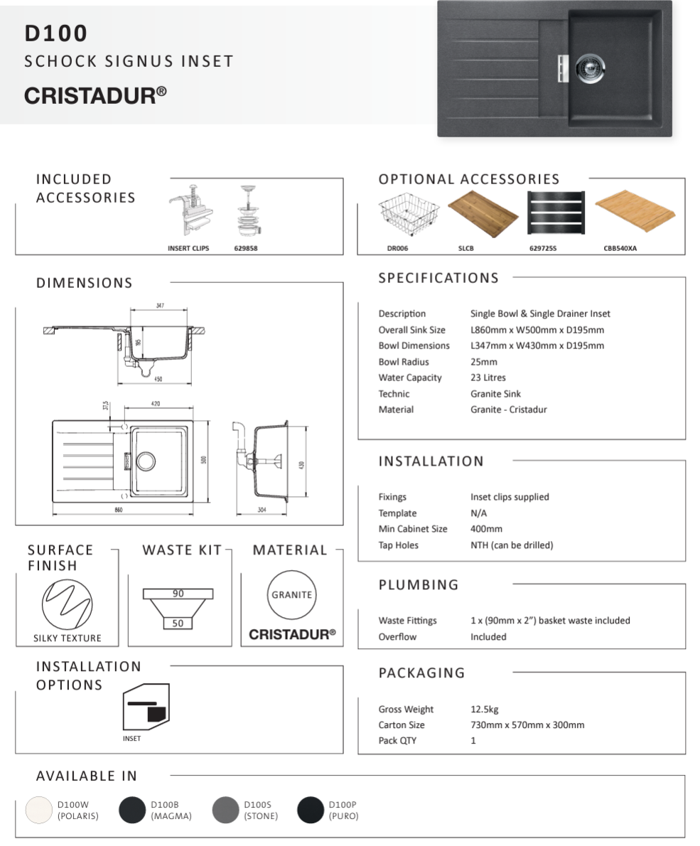 SIGNUS D100 STONE SINGLE BOWL SINK