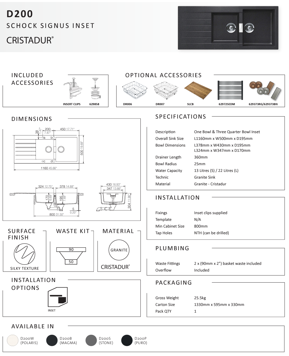 SIGNUS D200 STONE 1 & 3/4 BOWL SINK