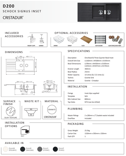 SIGNUS D200 STONE 1 & 3/4 BOWL SINK