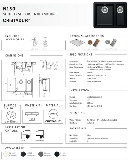 SOHO STONE 1 & 1/2 BOWL SINK