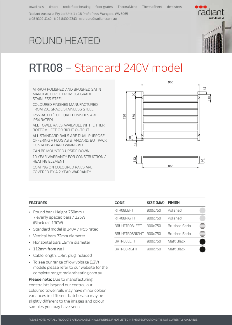 Polished 900 x 750mm Rnd Heated Towel Rail RIGHT