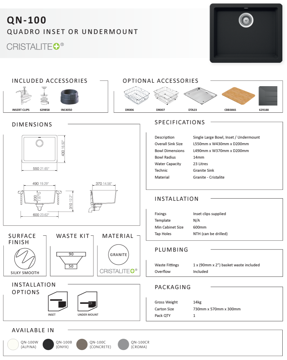 QUADRO ONYX LARGE SINGLE BOWL