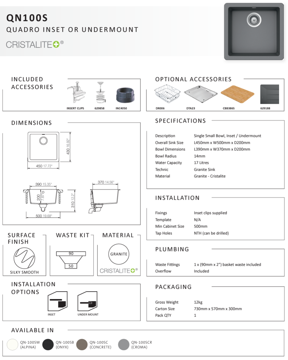 QUADRO ONYX SMALL SINGLE BOWL