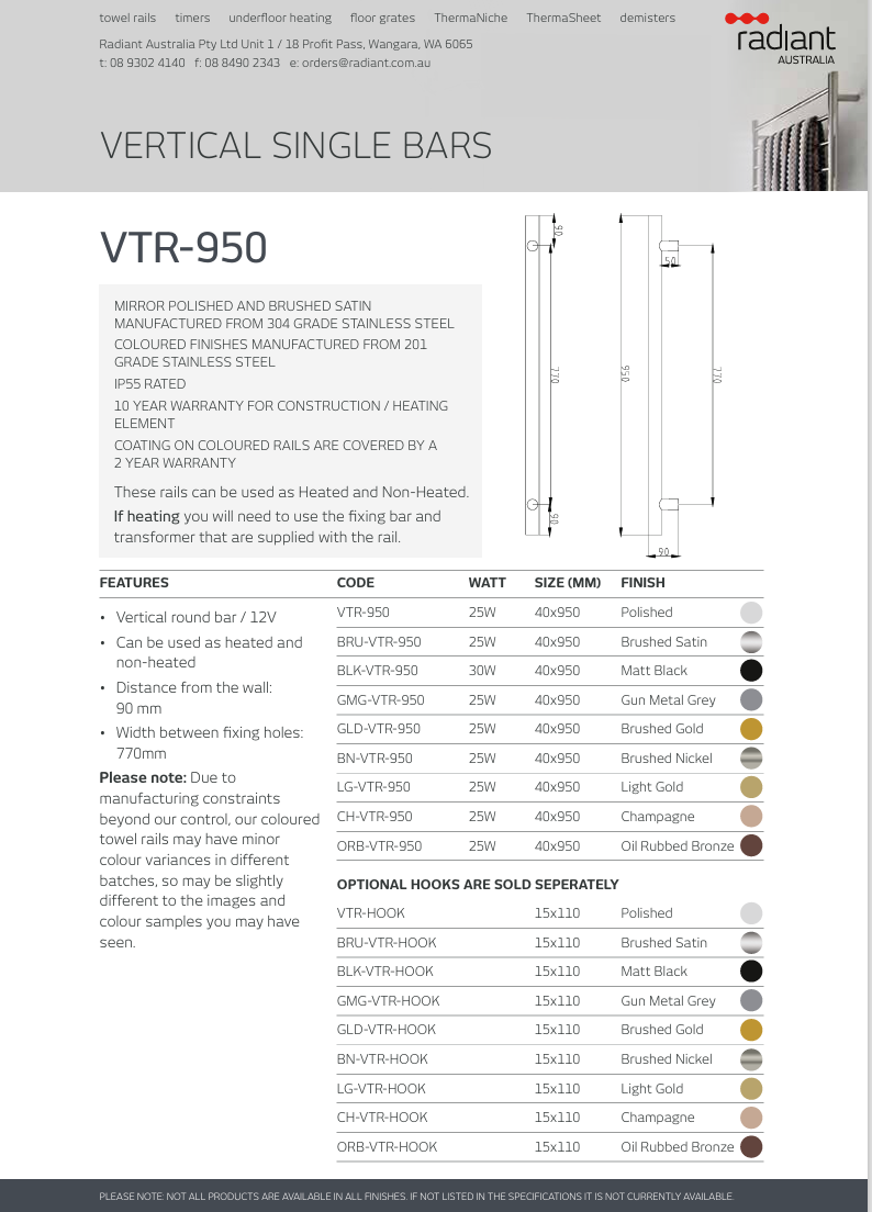 Vertical Single Heated Towel Bar 40mm X 950mm - Brushed Satin