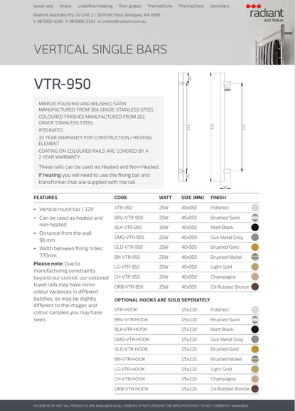 Vertical Single Heated Towel Bar 40mm X 950mm - Brushed Satin